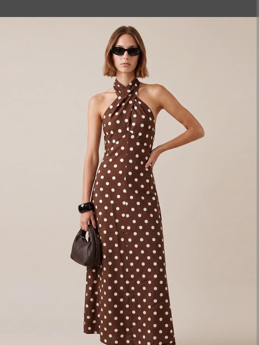 Few Moda Brown Polka Dot Halter Midi Dress with Cross-Neck